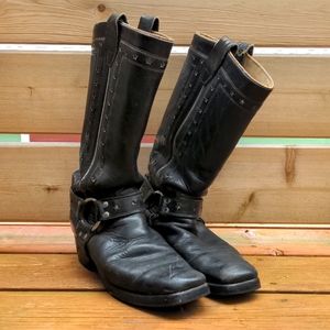 Square toe black leather boots with silver stars - made in the USA
